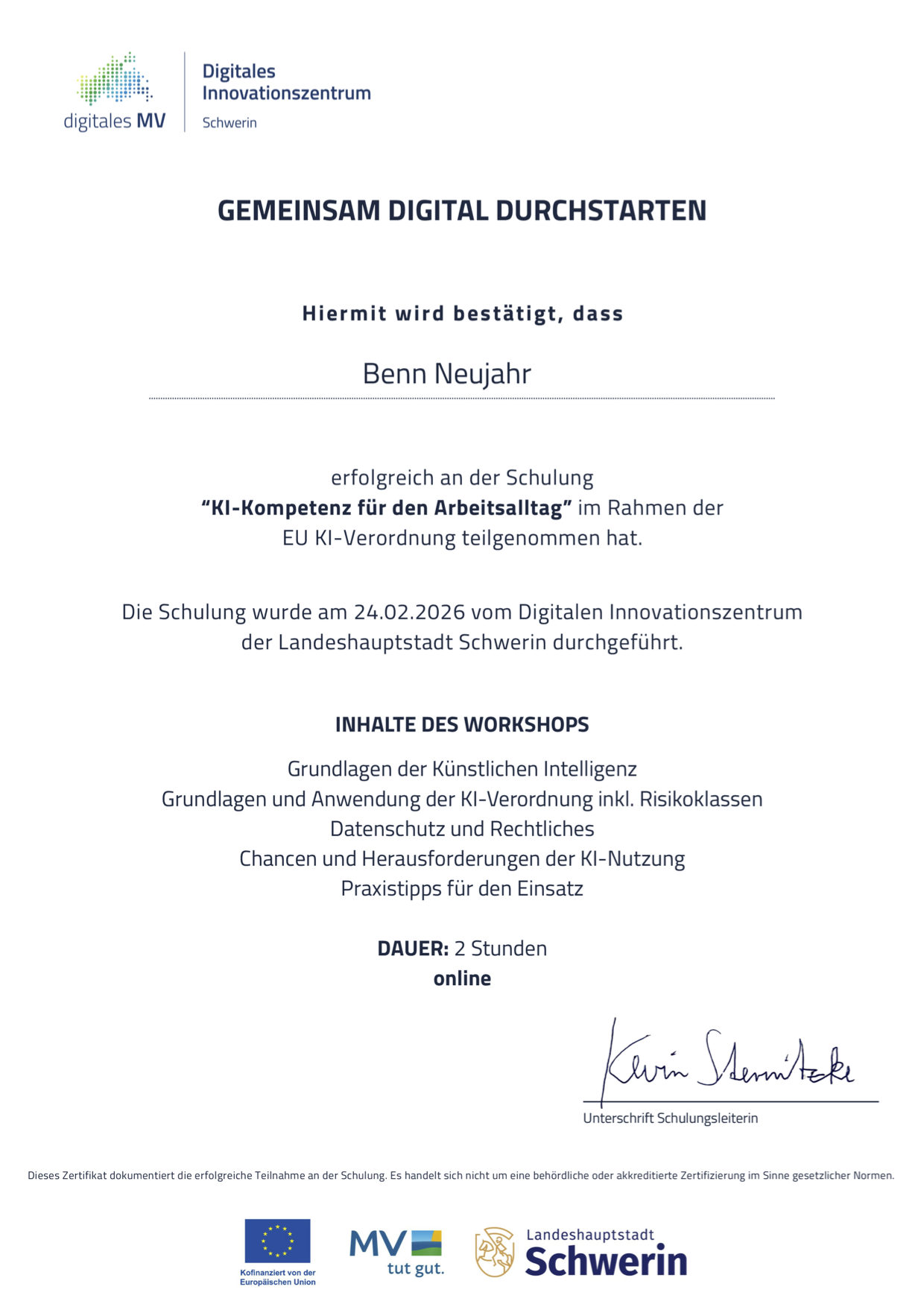 Zertifikat: KI-Kompetenz für den Arbeitsalltag – DIZ Schwerin